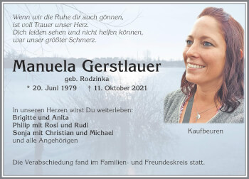 Traueranzeige von Manuela Gerstlauer von Allgäuer Zeitung, Kaufbeuren/Buchloe