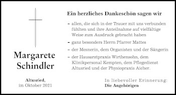 Traueranzeige von Margarete Schindler von Allgäuer Zeitung,Kempten