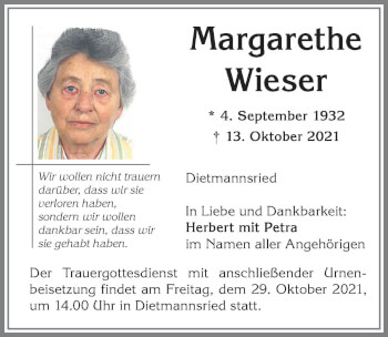 Traueranzeige von Margarethe Wieser von Allgäuer Zeitung,Kempten
