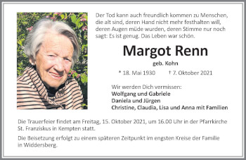 Traueranzeige von Margot Renn von Allgäuer Zeitung,Kempten