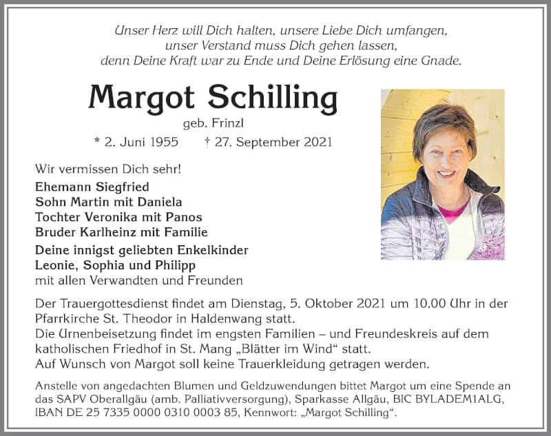  Traueranzeige für Margot Schilling vom 02.10.2021 aus Allgäuer Zeitung,Kempten