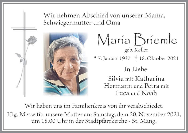  Traueranzeige für Maria Briemle vom 28.10.2021 aus Allgäuer Zeitung, Füssen