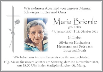 Traueranzeige von Maria Briemle von Allgäuer Zeitung, Füssen