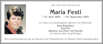 Traueranzeige von Maria Festi von Allgäuer Zeitung, Kaufbeuren/Buchloe