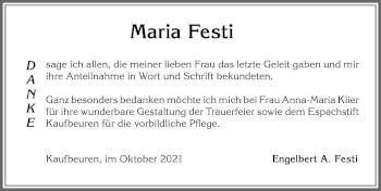 Traueranzeige von Maria Festi von Allgäuer Zeitung, Kaufbeuren/Buchloe