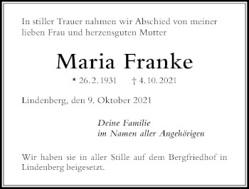 Traueranzeige von Maria Franke von Der Westallgäuer
