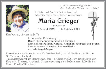 Traueranzeige von Maria Grieger von Allgäuer Zeitung, Kaufbeuren/Buchloe
