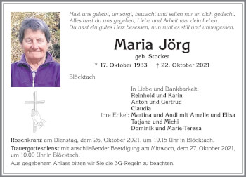 Traueranzeige von Maria Jörg von Allgäuer Zeitung, Kaufbeuren/Buchloe