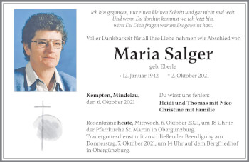Traueranzeige von Maria Salger von Allgäuer Zeitung, Marktoberdorf