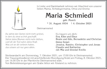 Traueranzeige von Maria Schmiedl von Allgäuer Zeitung,Kempten