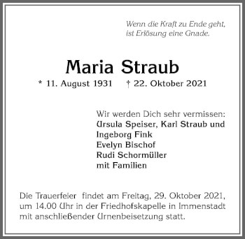Traueranzeige von Maria Straub von Allgäuer Anzeigeblatt
