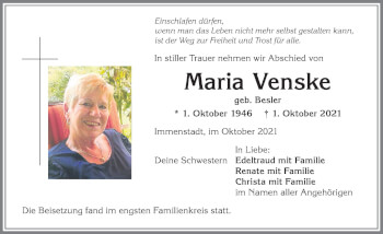 Traueranzeige von Maria Venske von Allgäuer Anzeigeblatt