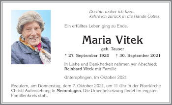 Traueranzeige von Maria Vitek von Memminger Zeitung