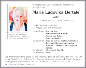 Traueranzeige von Maria Ludovika Bertele von Allgäuer Zeitung,Kempten