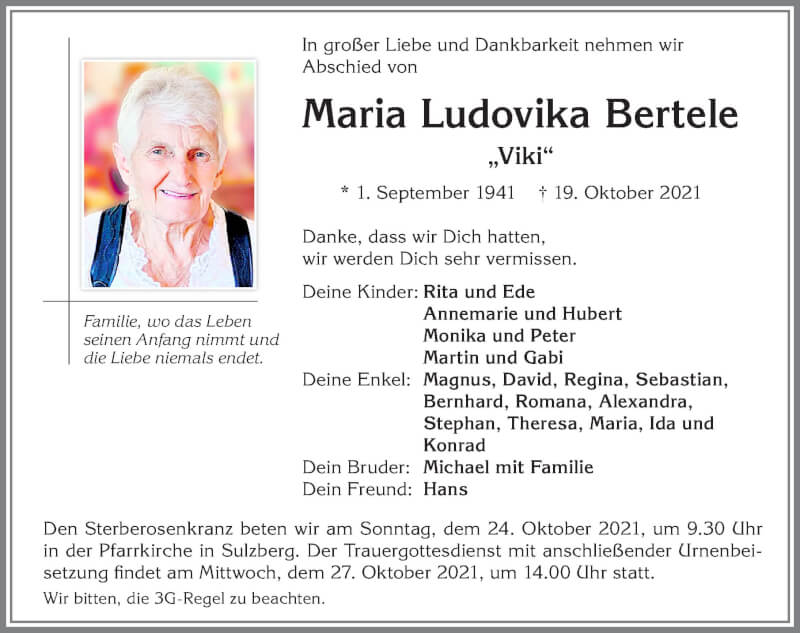  Traueranzeige für Maria Ludovika Bertele vom 23.10.2021 aus Allgäuer Zeitung,Kempten