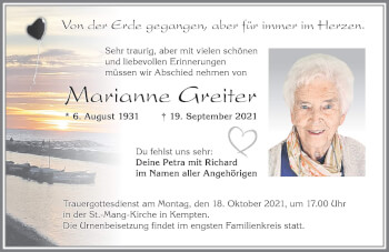Traueranzeige von Marianne Greiter von Allgäuer Zeitung,Kempten