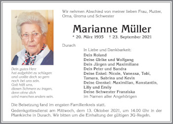 Traueranzeige von Marianne Müller von Allgäuer Zeitung,Kempten