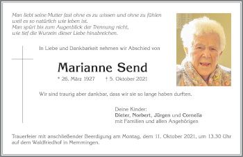 Traueranzeige von Marianne Send von Memminger Zeitung