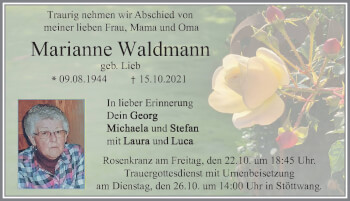 Traueranzeige von Marianne Waldmann von Allgäuer Zeitung, Kaufbeuren/Buchloe