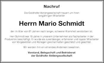 Traueranzeige von Mario Schmidt von Memminger Zeitung