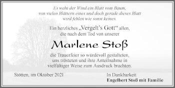 Traueranzeige von Marlene Stoß von Allgäuer Zeitung, Marktoberdorf