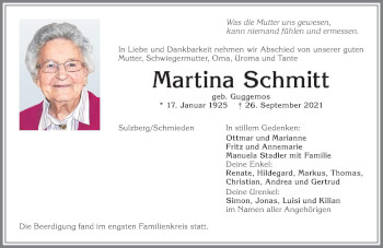 Traueranzeige von Martina Schmitt von Allgäuer Zeitung,Kempten