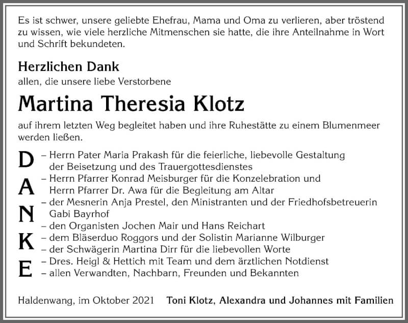  Traueranzeige für Martina Theresia Klotz vom 23.10.2021 aus Allgäuer Zeitung,Kempten