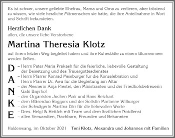 Traueranzeige von Martina Theresia Klotz von Allgäuer Zeitung,Kempten