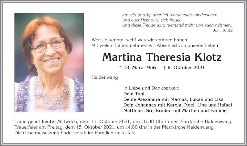  Traueranzeige für Martina Theresia Klotz vom 13.10.2021 aus Allgäuer Zeitung,Kempten