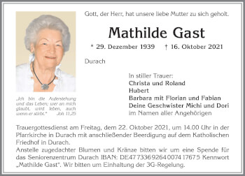 Traueranzeige von Mathilde Gast von Allgäuer Zeitung,Kempten