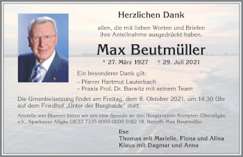 Traueranzeige von Max Beutmüller von Allgäuer Zeitung,Kempten