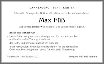 Traueranzeige von Max Füß von Allgäuer Anzeigeblatt