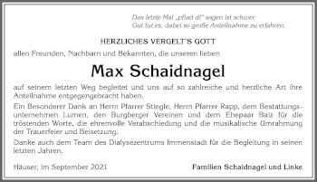 Traueranzeige von Max Schaidnagel von Allgäuer Anzeigeblatt