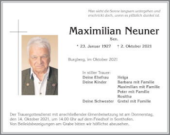 Traueranzeige von Maximilian Neuner von Allgäuer Anzeigeblatt
