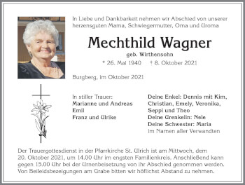 Traueranzeige von Mechthild Wagner von Allgäuer Anzeigeblatt