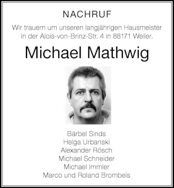 Traueranzeige von Michael Mathwig von Der Westallgäuer