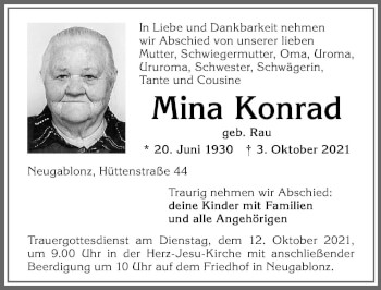 Traueranzeige von Mina Konrad von Allgäuer Zeitung, Kaufbeuren/Buchloe