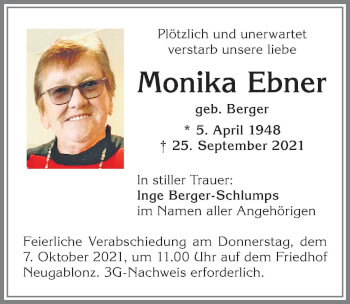 Traueranzeige von Monika Ebner von Allgäuer Zeitung, Kaufbeuren/Buchloe