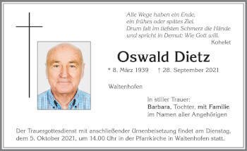 Traueranzeige von Oswald Dietz von Allgäuer Zeitung,Kempten