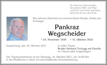 Traueranzeige von Pankraz Wegscheider von Allgäuer Zeitung