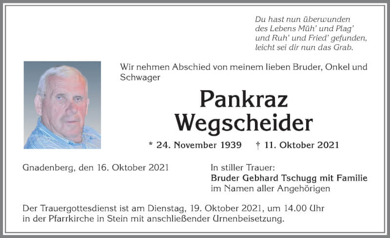  Traueranzeige für Pankraz Wegscheider vom 16.10.2021 aus Allgäuer Zeitung