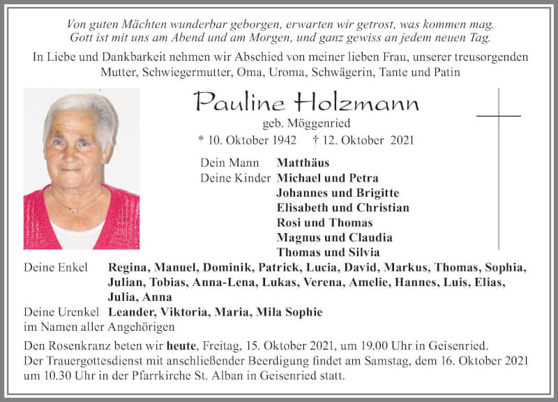  Traueranzeige für Pauline Holzmann vom 15.10.2021 aus Allgäuer Zeitung, Marktoberdorf