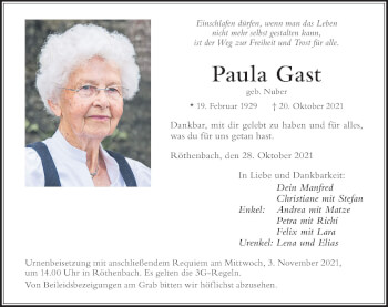 Traueranzeige von Paula Gast von Der Westallgäuer
