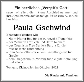 Traueranzeige von Paula Gschwind von Allgäuer Zeitung,Kempten