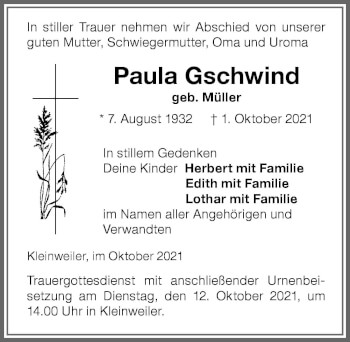 Traueranzeige von Paula Gschwind von Allgäuer Zeitung,Kempten