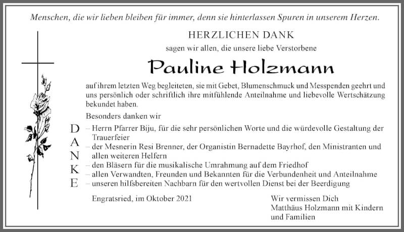  Traueranzeige für Pauline Holzmann vom 29.10.2021 aus Allgäuer Zeitung, Marktoberdorf