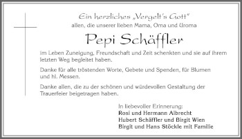 Traueranzeige von Pepi Schäffler von Allgäuer Zeitung, Marktoberdorf