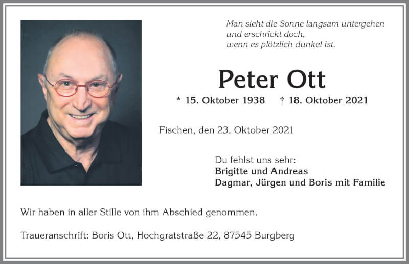  Traueranzeige für Peter Ott vom 23.10.2021 aus Allgäuer Anzeigeblatt