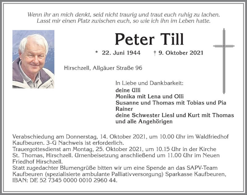  Traueranzeige für Peter Till vom 13.10.2021 aus Allgäuer Zeitung, Kaufbeuren/Buchloe