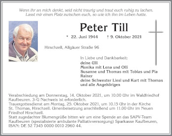 Traueranzeige von Peter Till von Allgäuer Zeitung, Kaufbeuren/Buchloe
